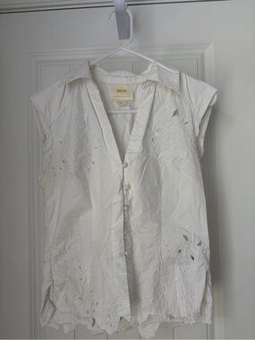White Embroidered Cap-Sleeve Button Front Top Maeve Anthropologie